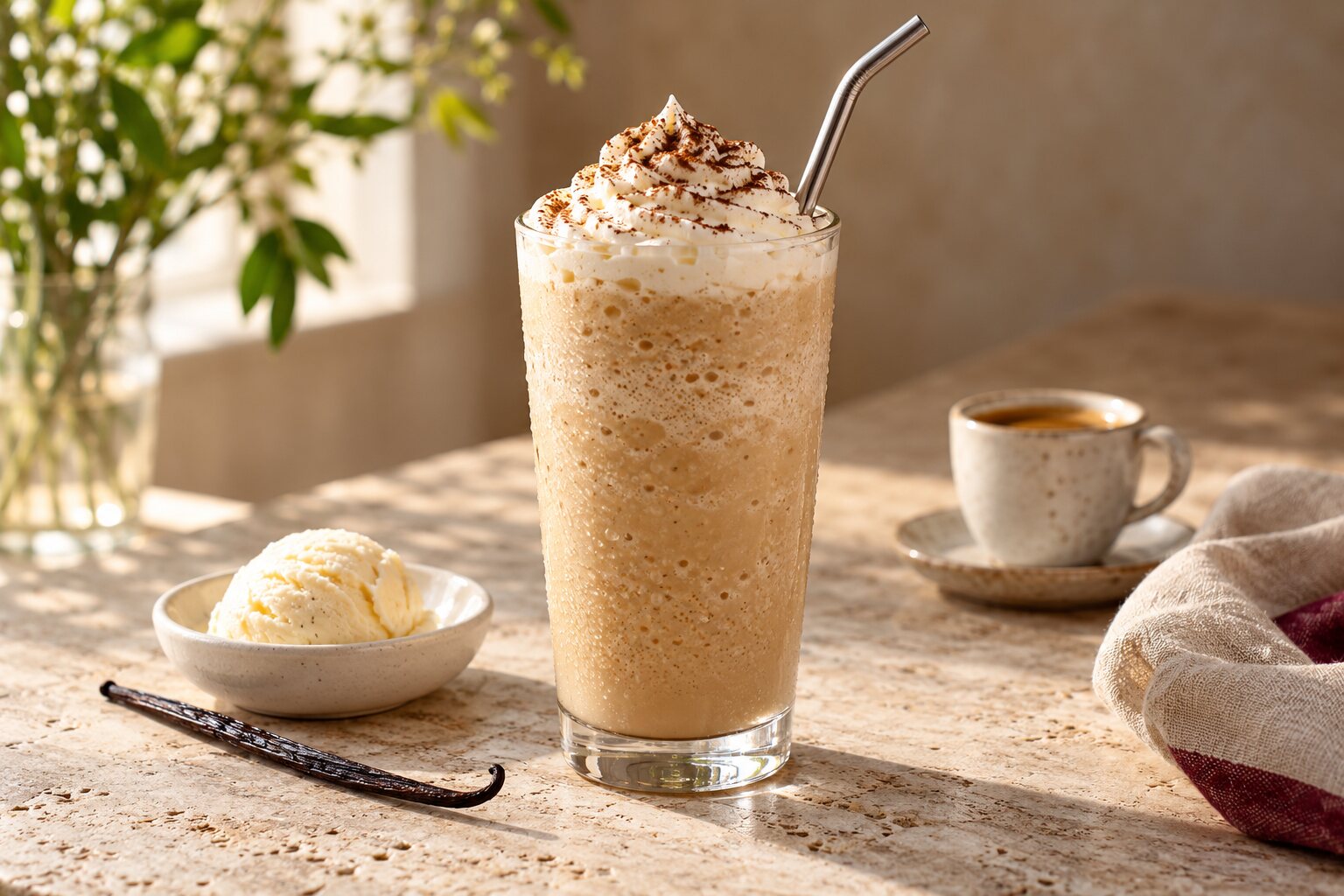 Frappuccino alla vaniglia e caffè con panna e gelato