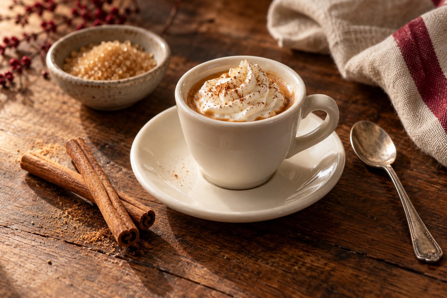 Tazzina di caffè con panna montata e cannella
