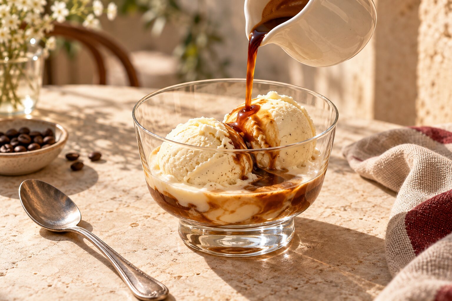 Espresso versato sul gelato alla vaniglia per preparare un affogato