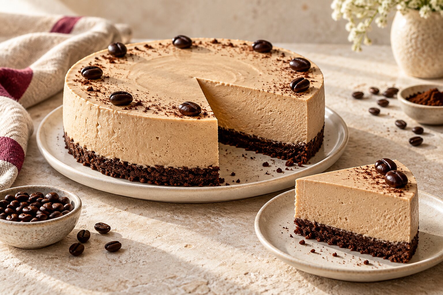 Torta senza cottura alla crema di caffè con base di biscotti al cacao