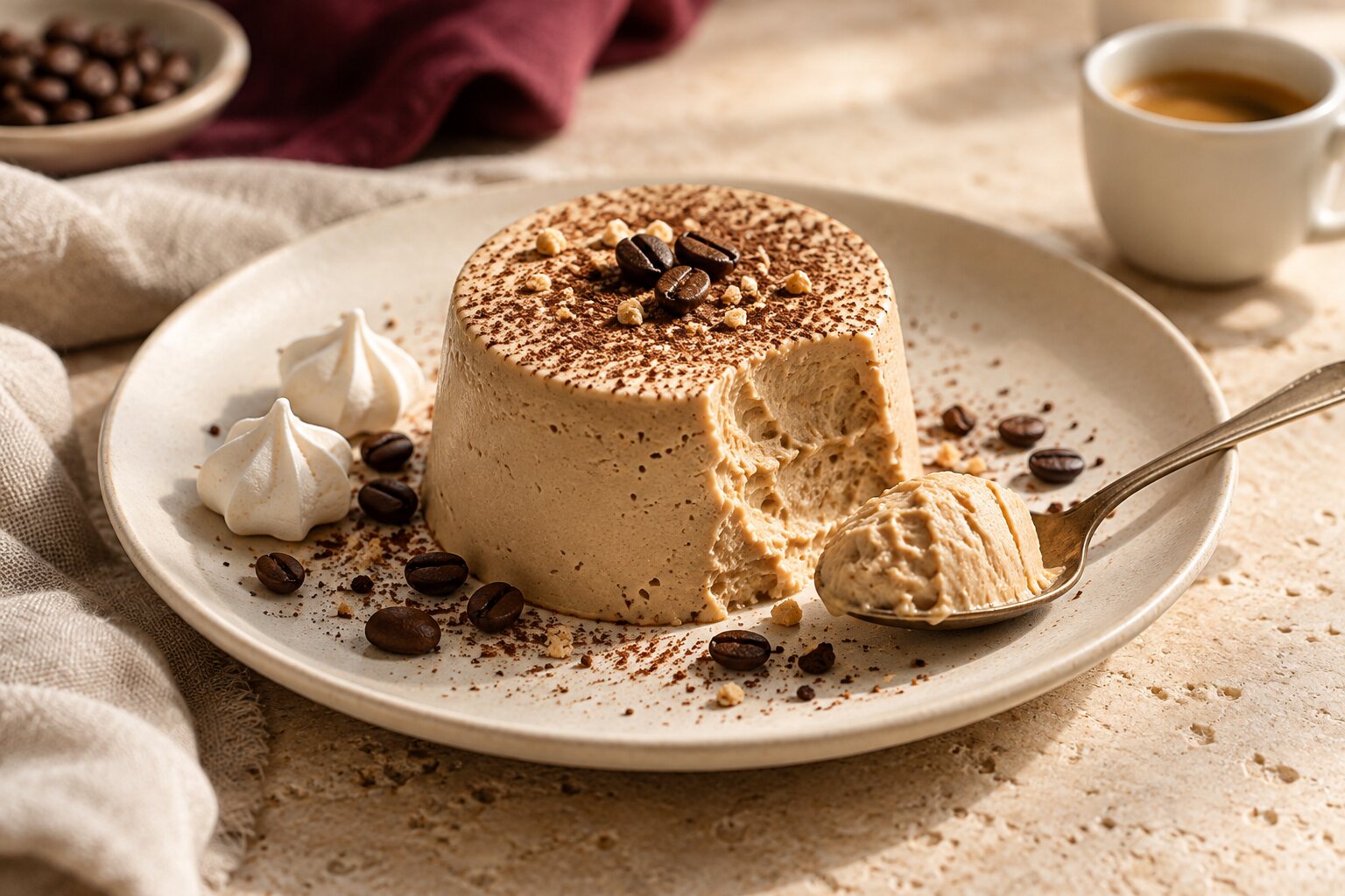 Semifreddo al caffè con piccole meringhe sul piatto