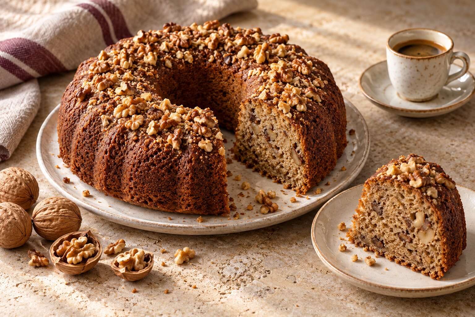 Ciambella al caffè e noci con una fetta servita sul piatto