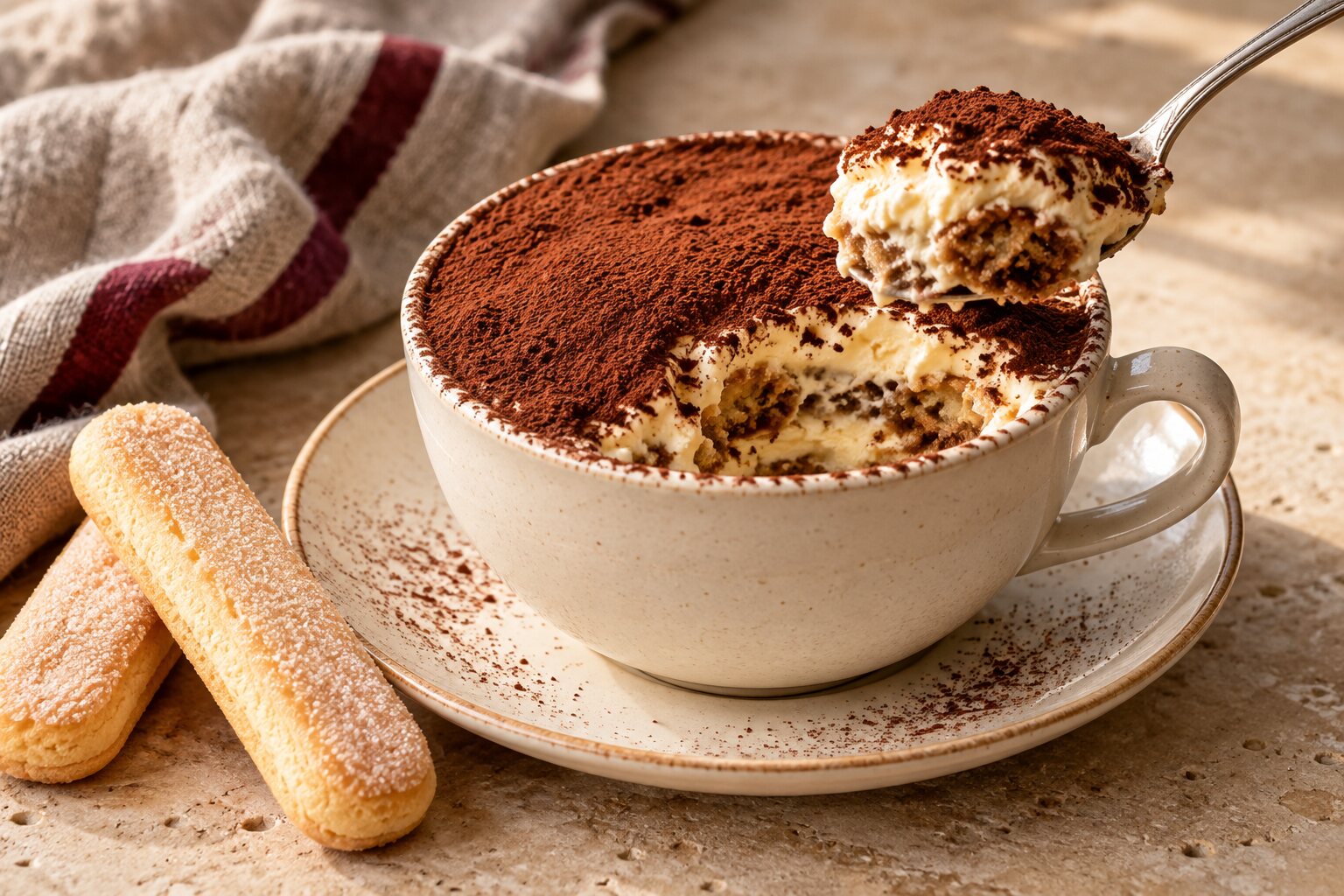 Dessert al tiramisù in tazza con mascarpone, savoiardi e cacao