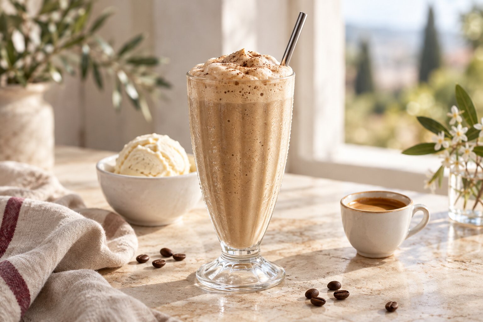 Frappè al caffè in bicchiere con gelato e tazzina di espresso