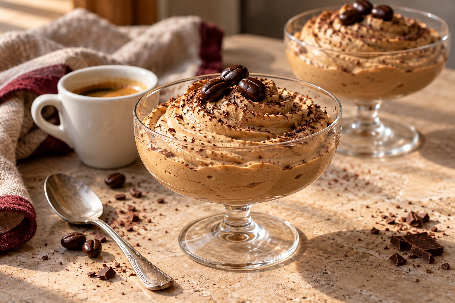 Crema fredda al caffè in coppetta con chicchi di cioccolato